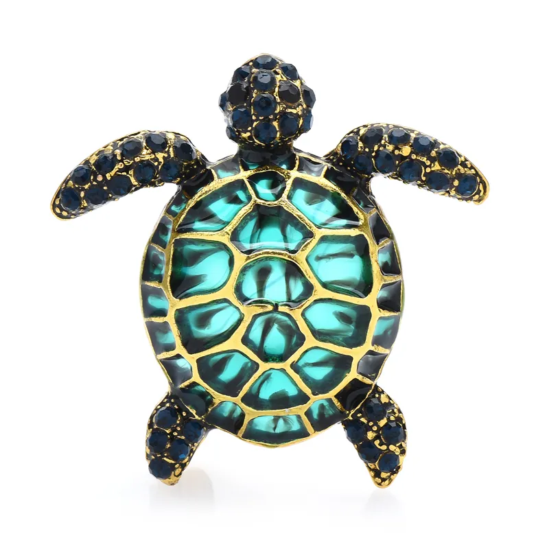 Broche Tortue De Mer Plaqué Or Avec Strass Bleus Et Vert émeraude - Bijou Déclaration Pour Veste, Robe, écharpe - Cadeau élégant Pour Femme