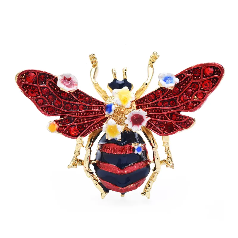 Broche abeille à fleurs en métal doré avec ailes rouges ornées de strass et corps noir et rouge décoré de petites fleurs colorées