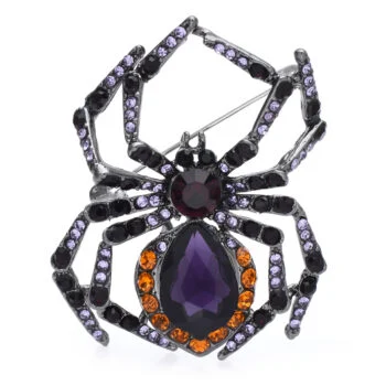 Broche araignée noire ornée de pierres violettes, orange et rouge avec perle centrale en forme de goutte