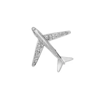 Broche avion homme en métal argenté avec ailes ornées de petits cristaux brillants vue de dessus