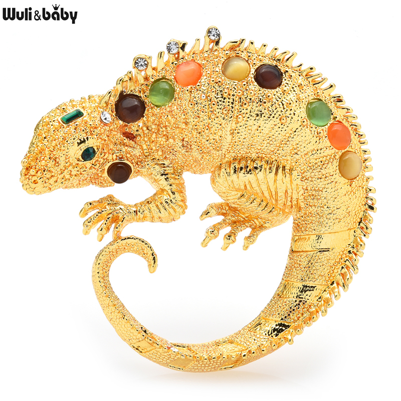 Broche caméléon vintage dorée avec pierres colorées incrustées, détail soigné et finition élégante