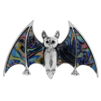 Broche chauve-souris en métal argenté avec ailes décorées en nacre multicolore