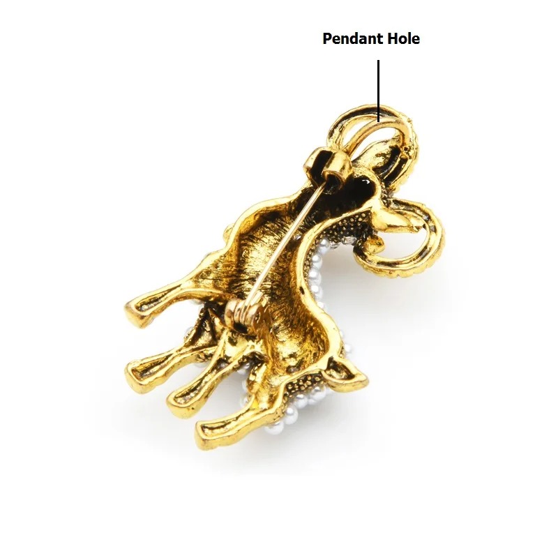 Broche chèvre fantaisie en métal doré vue arrière avec attache épingle et trou pour pendentif