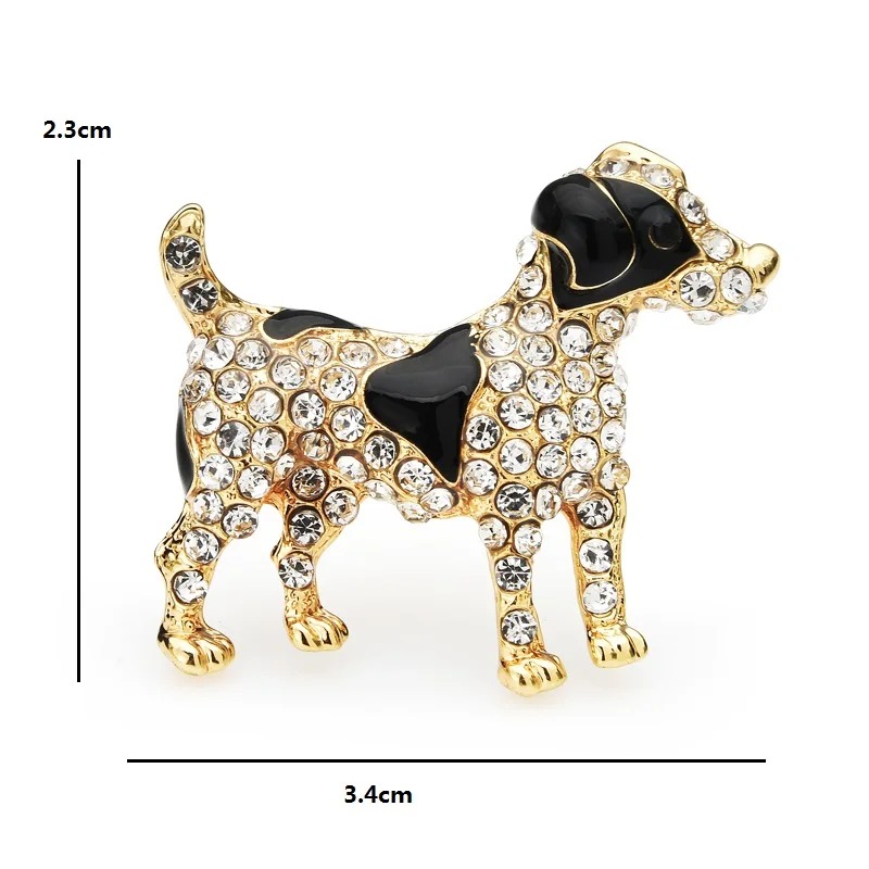 Broche chien strass dorée avec détails noirs et cristaux brillants, vue de profil gauche