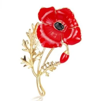 Broche coquelicot en métal doré avec pétales rouges émaillés et centre noir