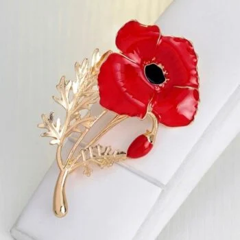 Broche coquelicot rouge en métal doré avec détail feuille, bijou décoratif élégant