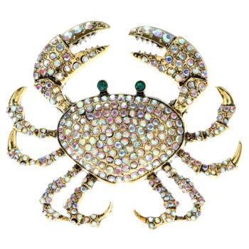Broche crabe fantaisie en métal doré ornée de strass multicolores avec yeux verts