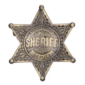 Broche étoile de shérif en métal vieilli avec inscription sheriff deputy et motifs gravés décoratifs