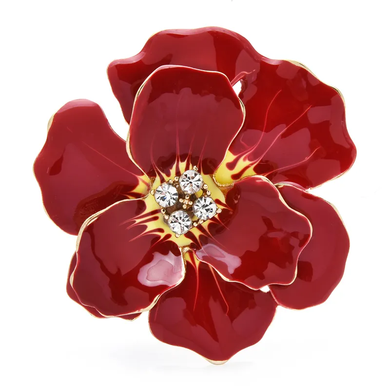 Broche fleurs rouges en métal émaillé avec centre doré et strass scintillants