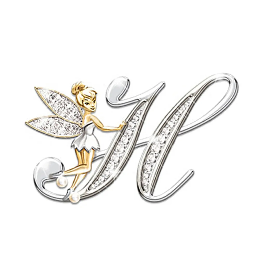 Broche grandes lettres lettre H argentée avec fée dorée et strass scintillants détail soigné
