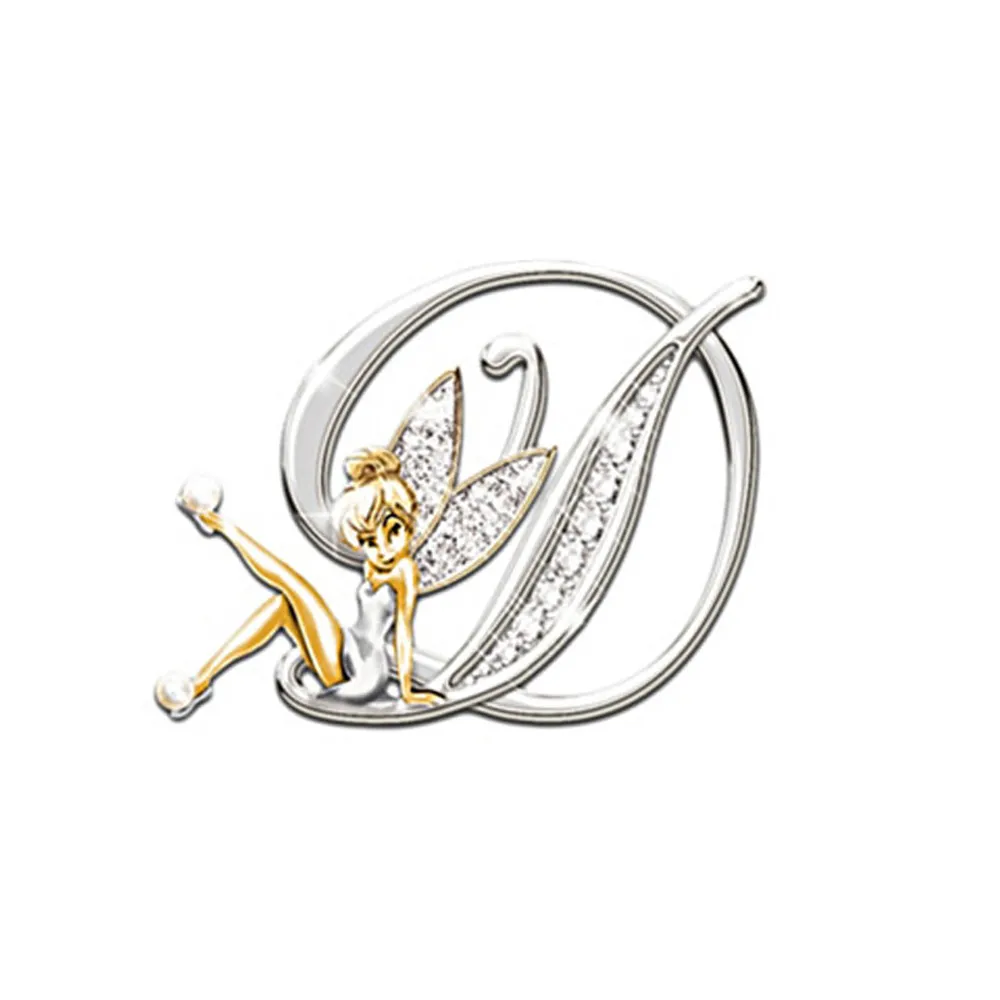 Broche grandes lettres en forme de lettre D avec fée dorée et ailes incrustées de strass scintillants