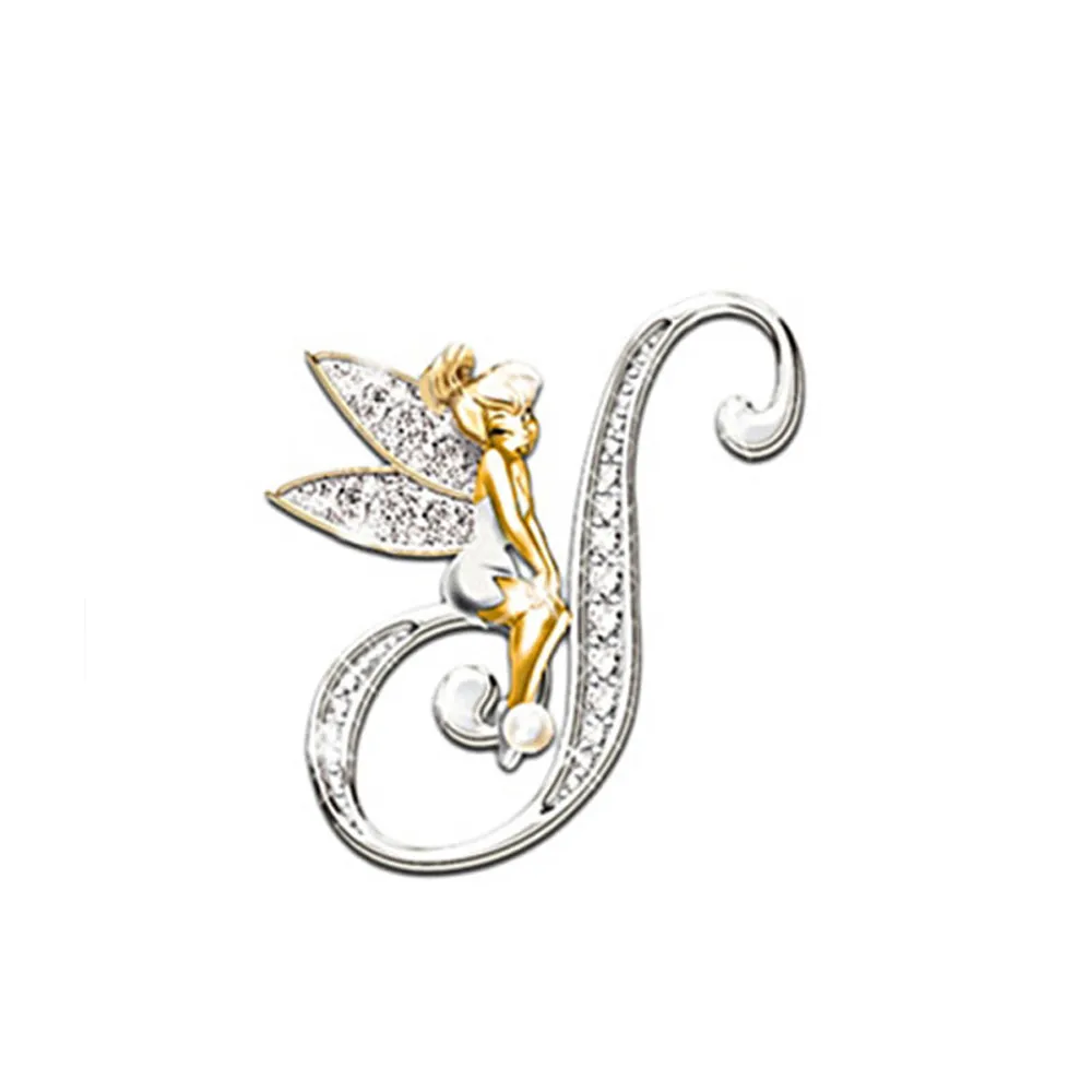 Broche Grandes Lettres en forme de lettre J avec fée dorée et ailes incrustées de cristaux blancs
