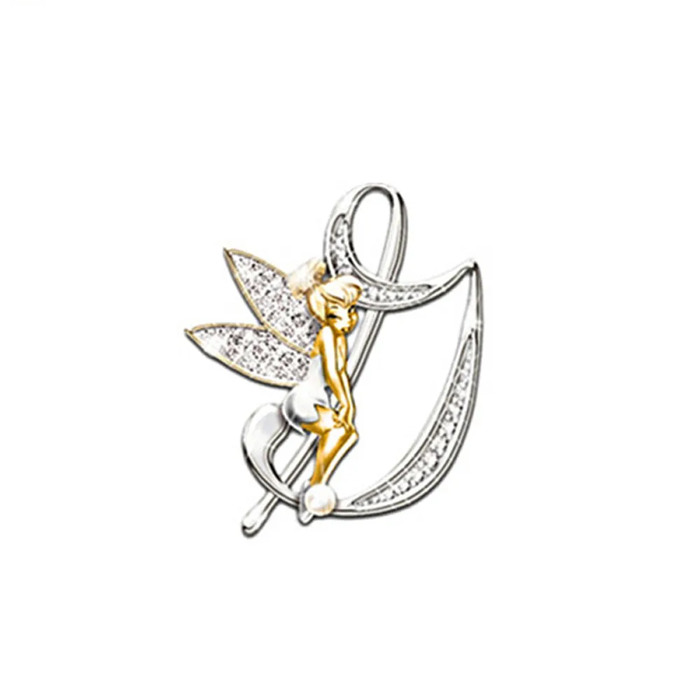 Broche Grandes Lettres en forme de lettre J avec fée dorée et ailes incrustées de pierres blanches