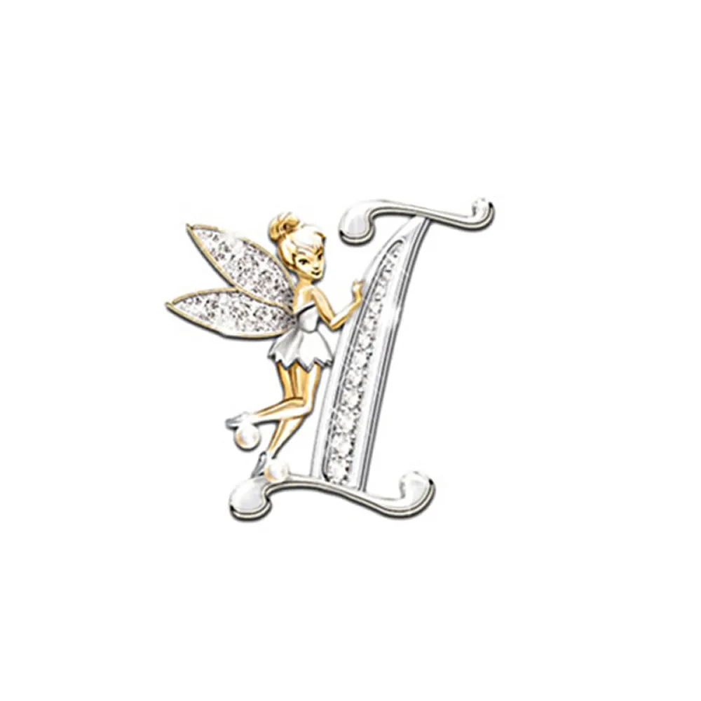 Broche grandes lettres en forme de lettre L argentée avec fée dorée et ailes incrustées de strass