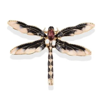 Broche libellule fantaisie en métal doré avec ailes noires et beige et pierre centrale rouge