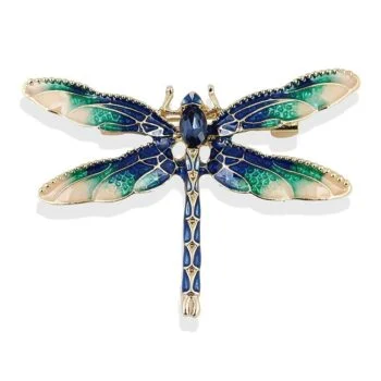 Broche libellule fantaisie en métal doré avec émail bleu et vert, détail soigné des ailes et corps orné d'une pierre centrale bleue