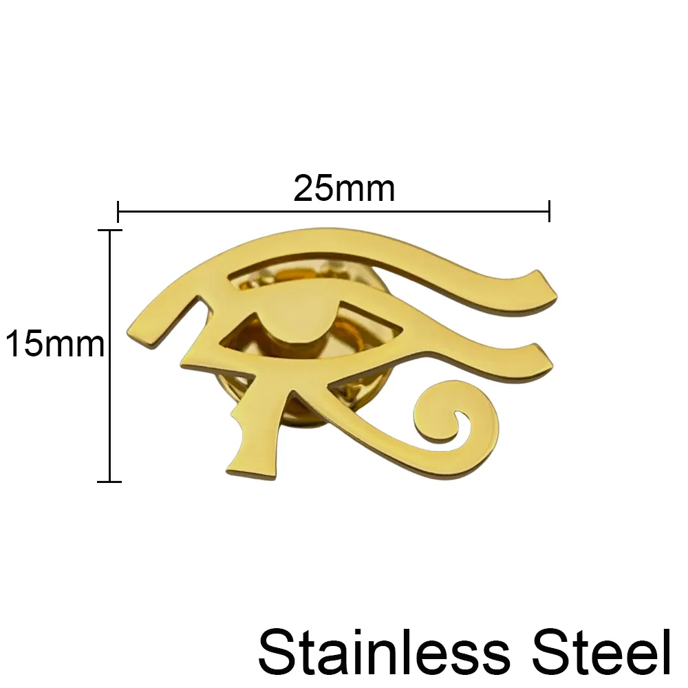 Broche Œil D'Horus en acier inoxydable doré avec dimensions 25mm sur 15mm vue de face
