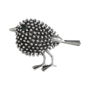 Broche petit oiseau en métal argenté avec corps texturé en boules et yeux noirs