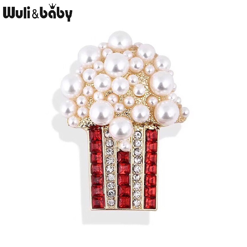 Broche Pop Corn Fantaisie en métal avec perles blanches et strass rouges et transparents, détail soigné et design élégant