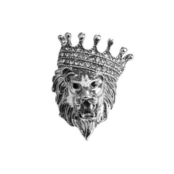 Broche tête de lion en métal argenté avec couronne ornée de strass, détail soigné du visage et crinière