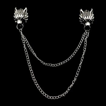 Broche tête de loup en métal argenté avec double chaîne fine suspendue