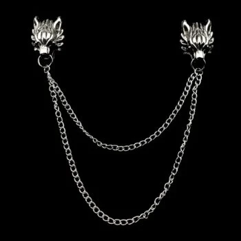 Broche tête de loup en métal argenté avec double chaîne fine suspendue