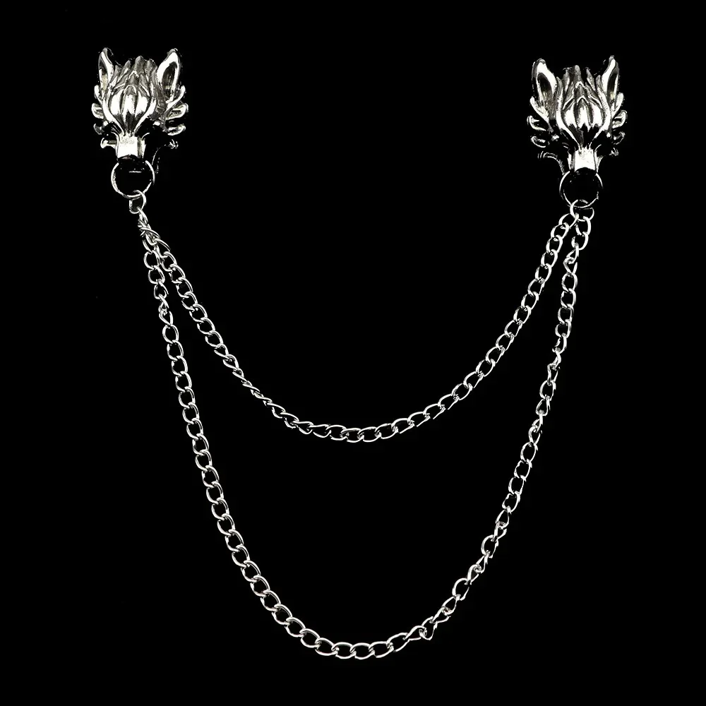 Broche tête de loup en métal argenté avec double chaîne fine suspendue