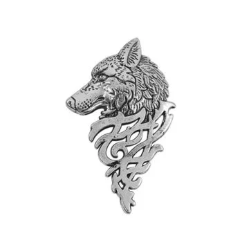 Broche tête de loup viking en métal argenté avec motif celtique travaillé