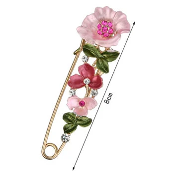 Épingle à nourrice dorée avec fleurs roses et rouges en émail, décorée de strass roses et blanches, longueur 8 cm