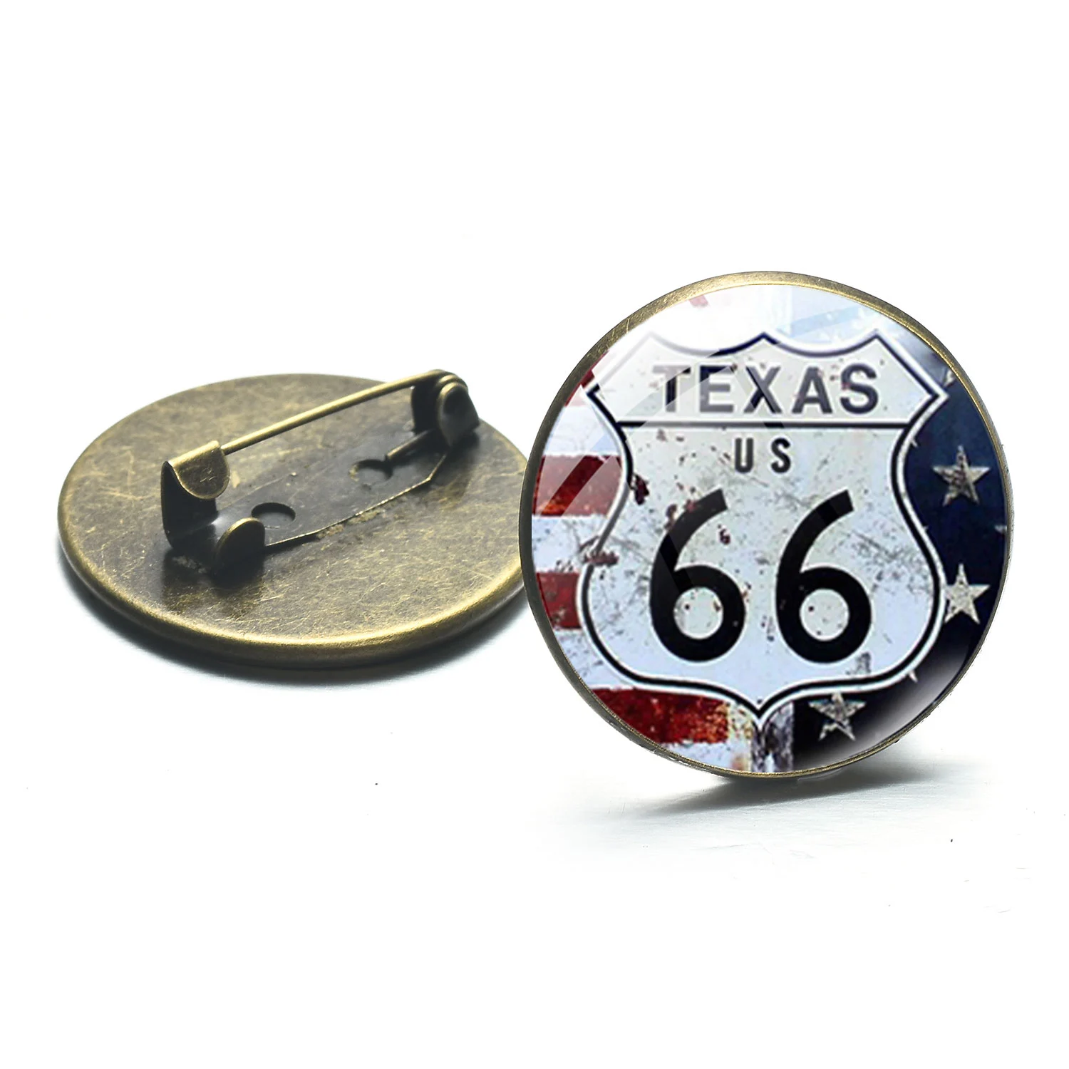Épingle ronde en métal avec motif Route 66 Texas US, finition vieillie et design travaillé