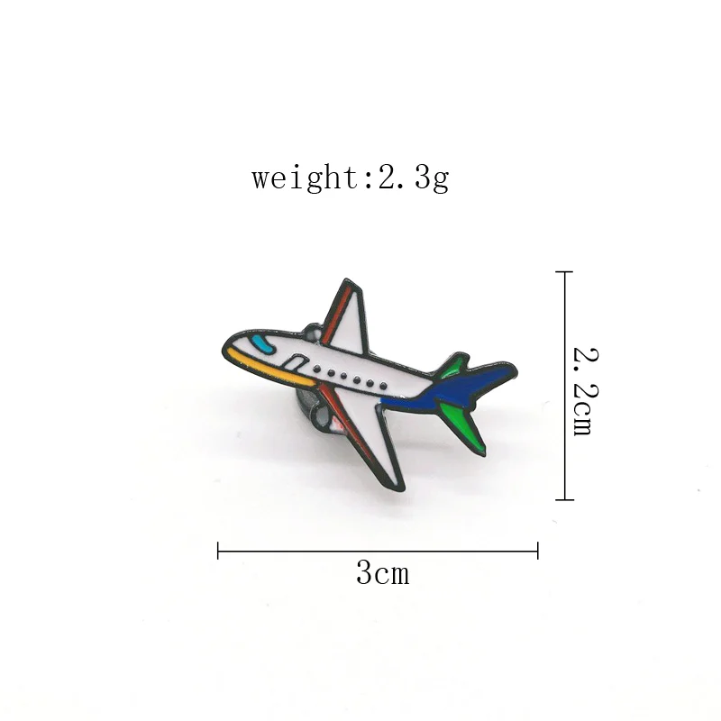Pin's avion en métal avec motifs colorés bleu, vert et orange, dimensions 3 cm sur 2,2 cm