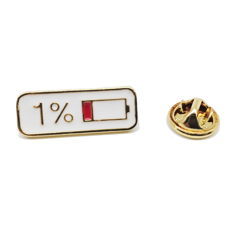 Pin's barre d'énergie en métal doré avec motif batterie 1% blanc et rouge