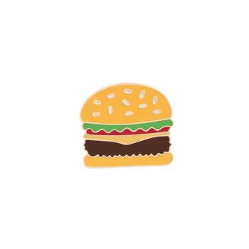 Pin's Burger en émail avec bun jaune à graines, viande, fromage, salade et tomate stylisés