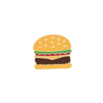 Pin's Burger en émail avec bun jaune à graines, viande, fromage, salade et tomate stylisés