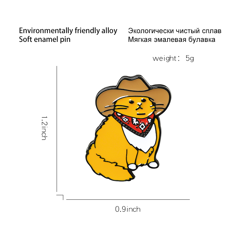 Pin's Chat Cowboy en alliage écologique avec émail doux, chat orange portant un chapeau de cowboy marron et un bandana rouge