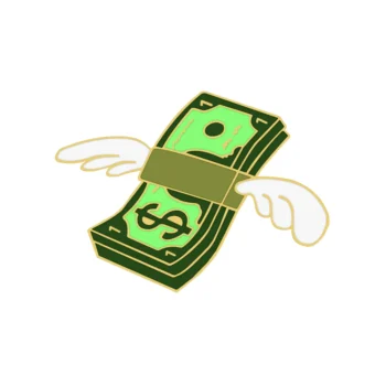 Pin's Dollars en métal représentant un paquet de billets verts avec un symbole dollar et des ailes blanches stylisées