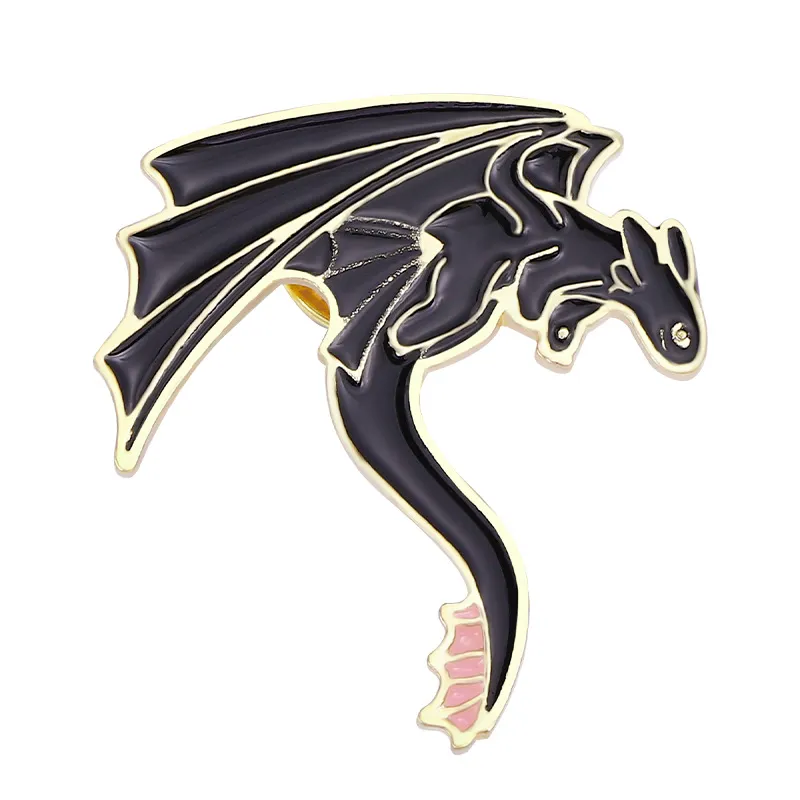 Pin's Double Dragon en métal émaillé noir avec contours dorés et détail rose sur la queue
