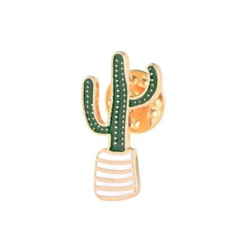 Pin's exotique en forme de cactus vert avec pot blanc et doré, finition soignée