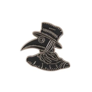 Pin's gothique noir en métal représentant un masque de médecin de peste avec chapeau haut de forme, détails en lignes blanches stylisées