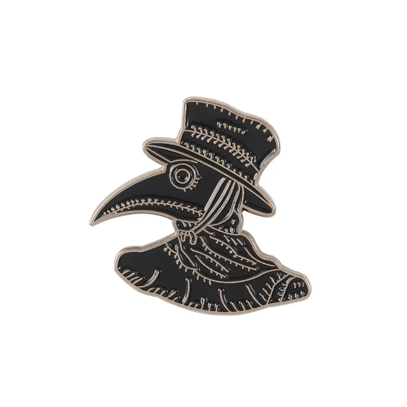 Pin's gothique noir en métal représentant un masque de médecin de peste avec chapeau haut de forme, détails en lignes blanches stylisées