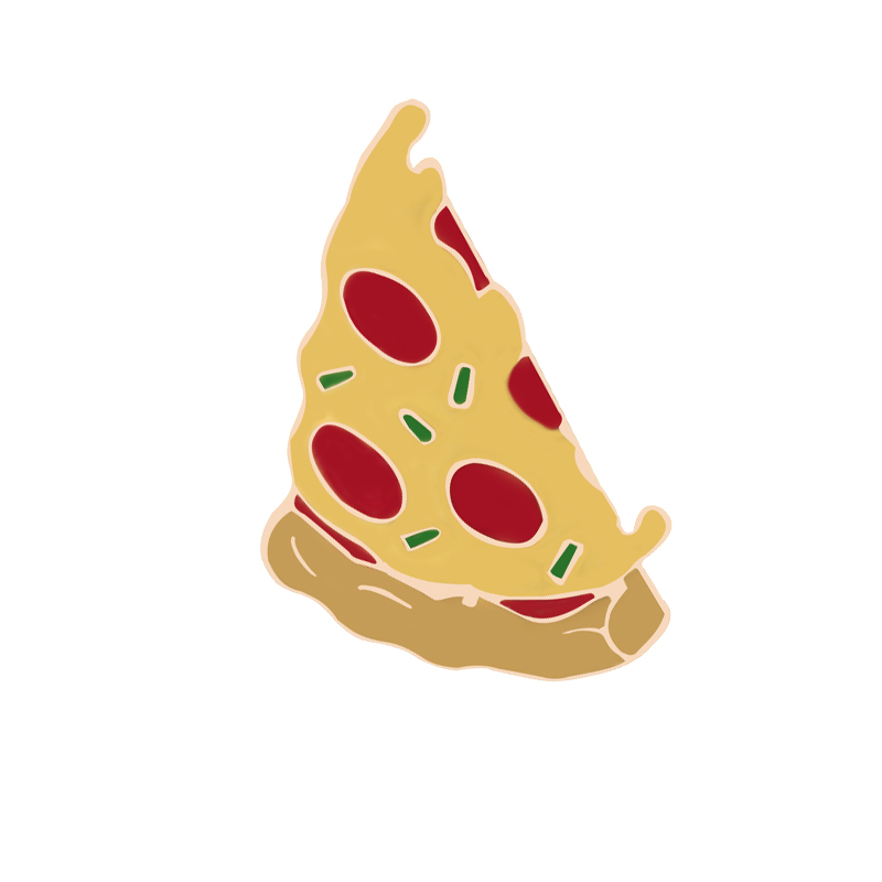 Pin's Pizza en forme de part de pizza avec croûte beige, fromage jaune, rondelles rouges et petits détails verts