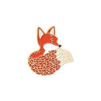 Pin's renard femme en métal émaillé rouge et beige avec motif stylisé de feuilles entrelacées