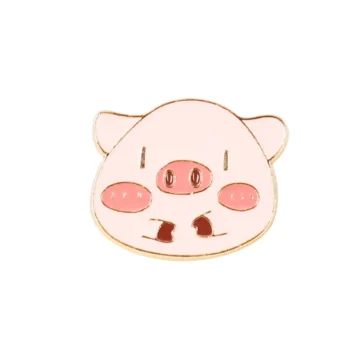 Pin's tête de cochon en métal émaillé rose avec détails marron et contours dorés