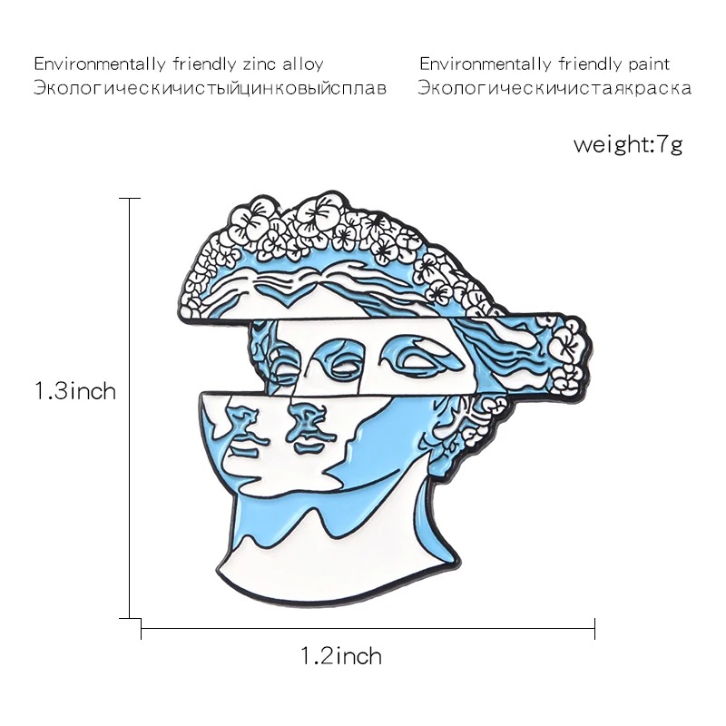 Pin's visage statue grecque artistique en alliage de zinc peint bleu et blanc avec détails floraux