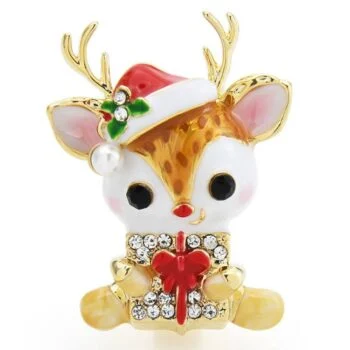 Broche bébé cerf de Noël en métal doré avec bonnet rouge, perle blanche, strass et cadeau rouge