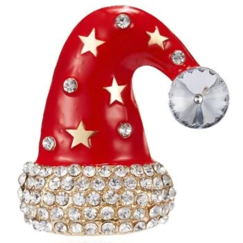 Broche chapeau de Noël rouge en émail avec étoiles dorées et strass transparents, base ornée de cristaux scintillants