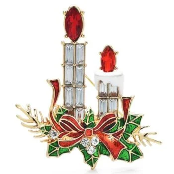 Broche houx et bougies de Noël en métal doré avec cristaux rouges, verts et blancs, décorée d'un nœud rouge et feuillage de houx