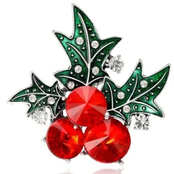 Broche houx de Noël en métal argenté avec feuilles vertes émaillées et cristaux rouges et blancs
