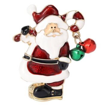 Broche Père Noël en métal émaillé rouge et blanc avec détails noirs, tenant un bâton de sucre d'orge orné de deux clochettes rouge et verte