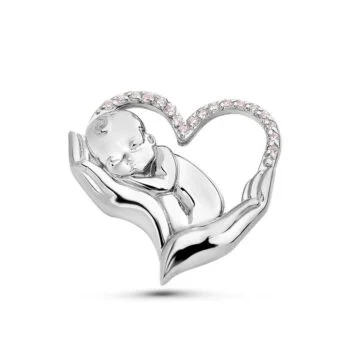 Broche bébé cœur en métal argenté avec bébé endormi et cœur orné de petits cristaux roses